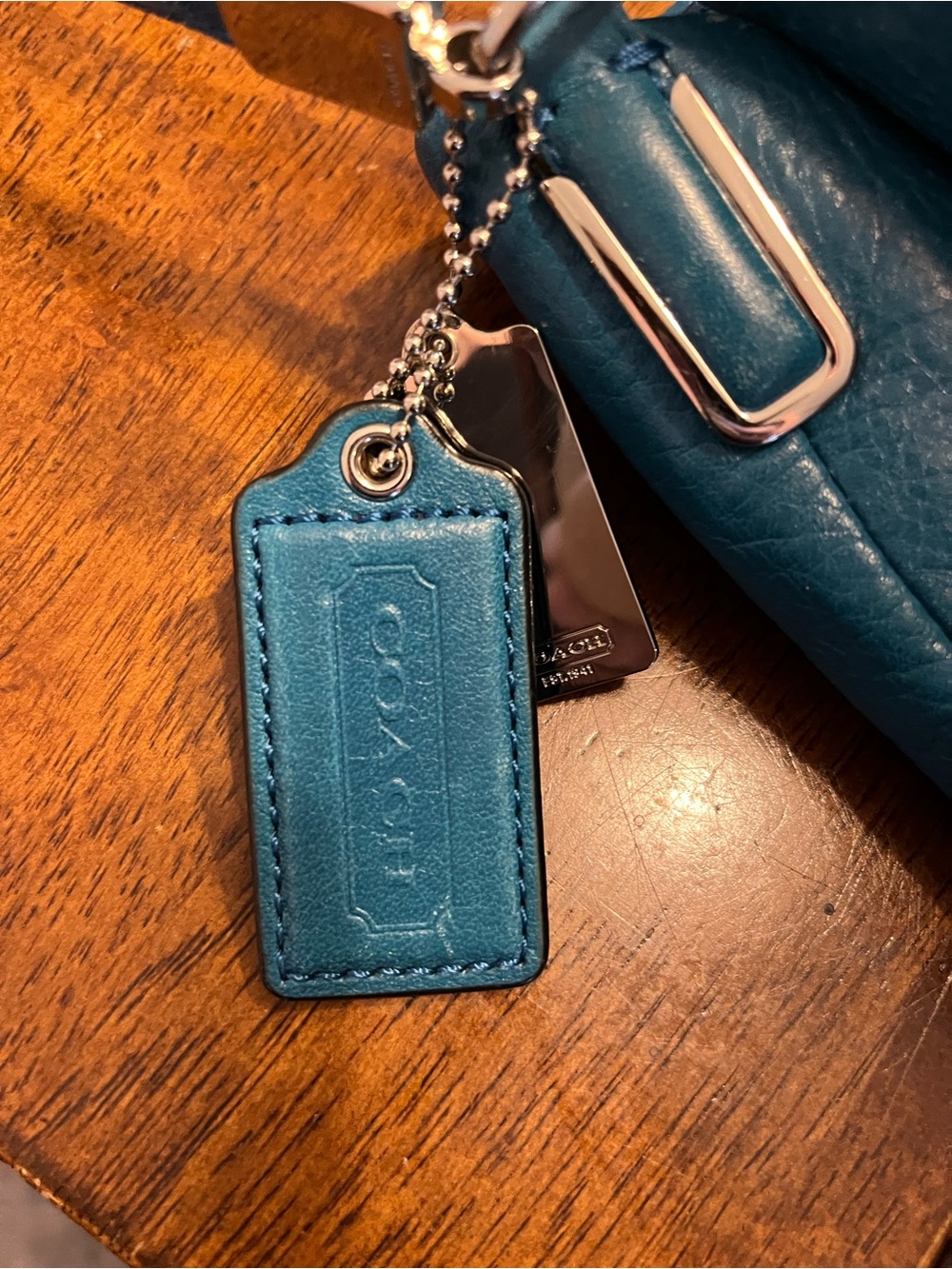 Coach Teal Leather Bag & Silver Hardware Bag Charm